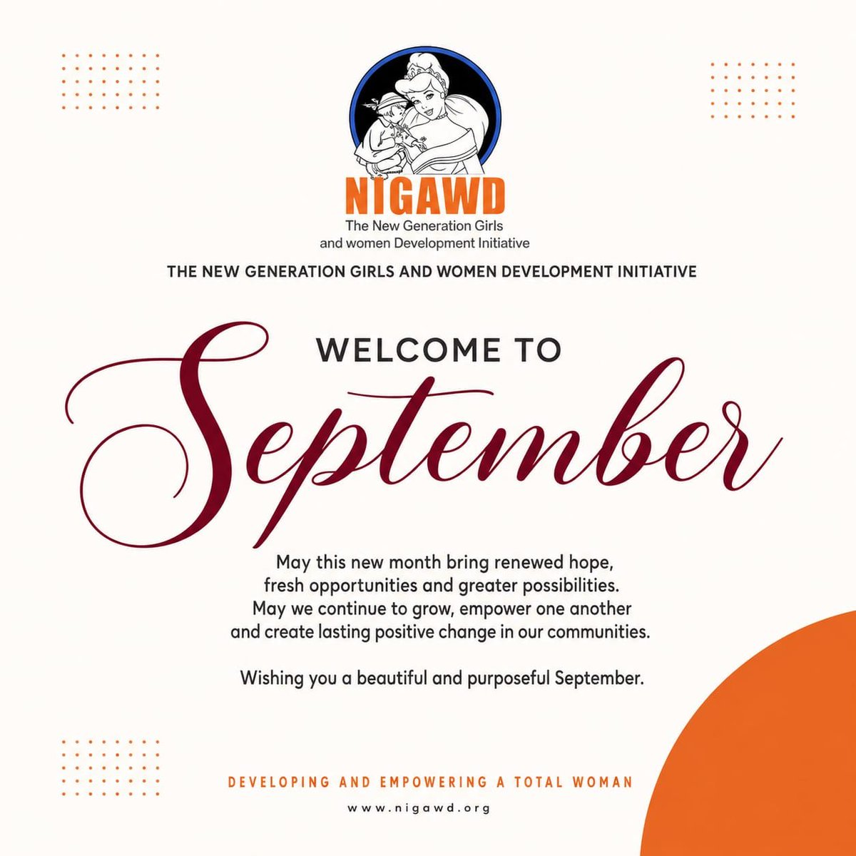 NIGAWD's tweet photo. Together, we continue to empower, grow, and transform communities. Wishing you a beautiful September! 
#nigawd #girlseducation #EndGBV #ngo https://t.co/OLO7ui8ufp