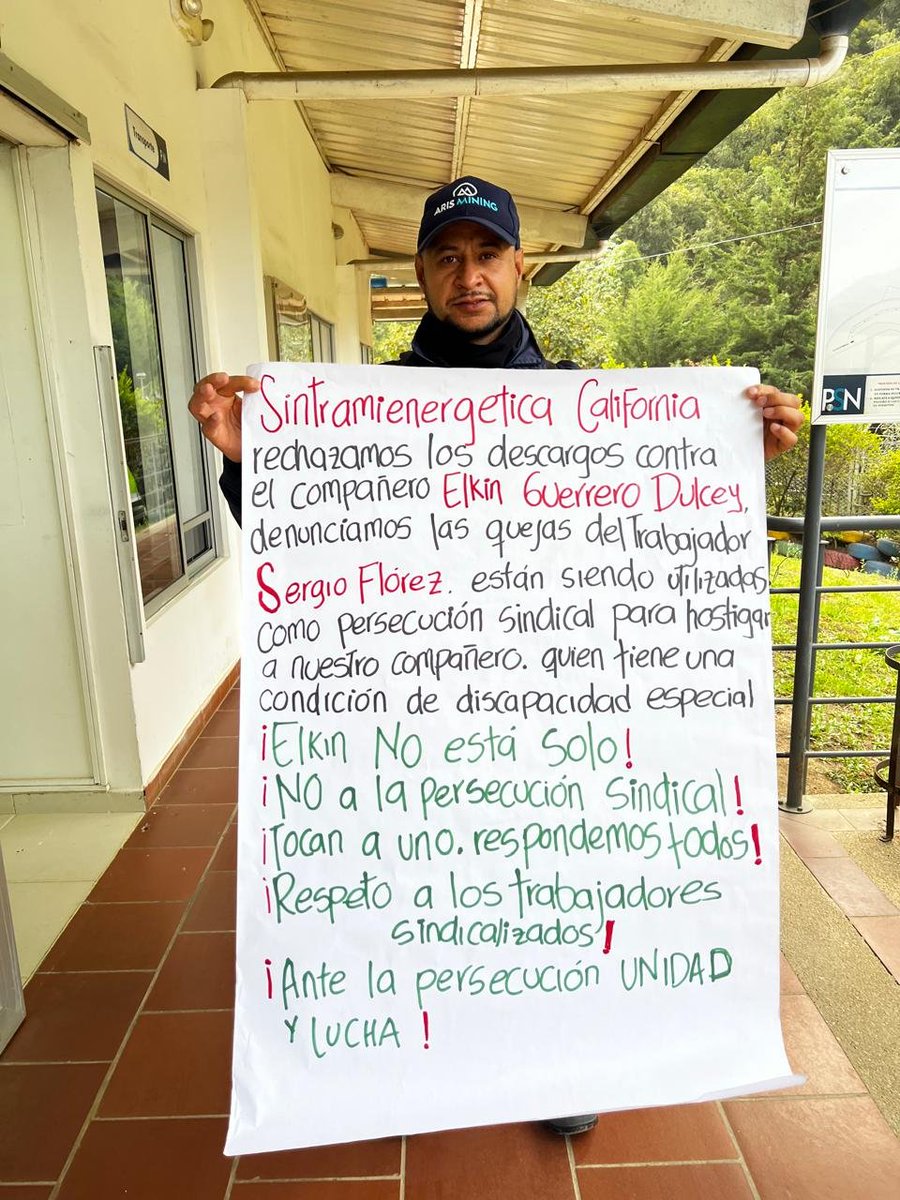 cutcolombia's tweet photo. @sintramienerget California rechaza la persecución sindical y el acoso laboral contra el compañero Elkin Guerrero Dulcey por parte de la Transnacional Aris Mining – Proyecto Soto Norte, así como la vulneración de sus derechos y la presunta afectación por su condición de discapacidad.

El sindicato también rechaza la imposición de un Reglamento Interno de Trabajo que vulneraría derechos adquiridos y el bienestar de los trabajadores.