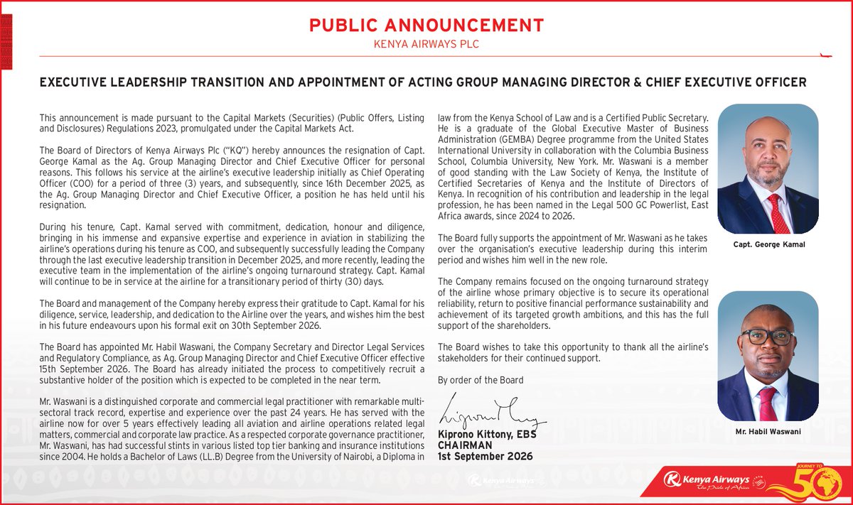 KenyaAirways's tweet photo. Leadership Transition Update: Kenya Airways Ag. Group Managing Director &amp; CEO Capt. George Kamal resigns for personal reasons. Company Secretary and Director of Legal Services &amp; Regulatory Compliance Habil Waswani will take over in an acting capacity.

#ThePrideOfAfrica https://t.co/BqM9xUHa4v