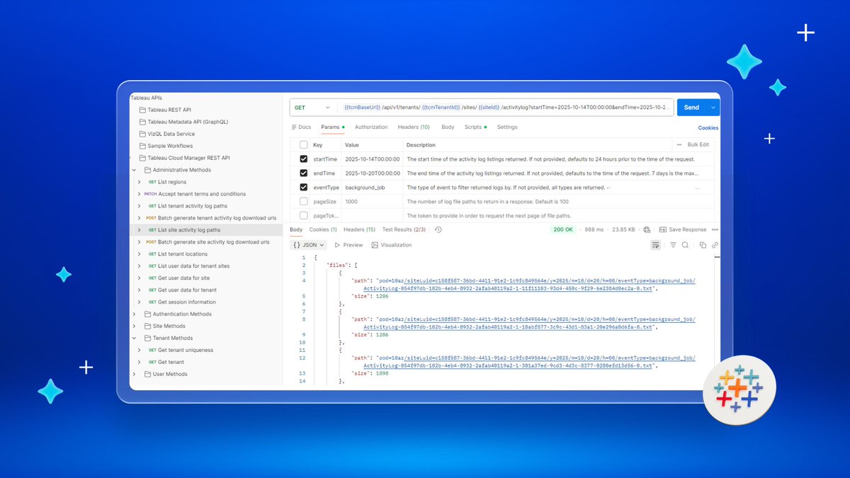 tableau's tweet photo. Your Tableau Cloud deployment is growing. Make sure your visibility keeps up. 👀 

The Platform Data API hands you the keys to security, efficiency, and performance at scale — now with Entity Snapshots, giving you point-in-time views of your workbooks, data sources, users, groups, and more. 

The new community-supported Platform Data Loader tool gets you analyzing this new data, joined to event logs, in minutes.

Learn more: https://t.co/FMSZrz0EFg