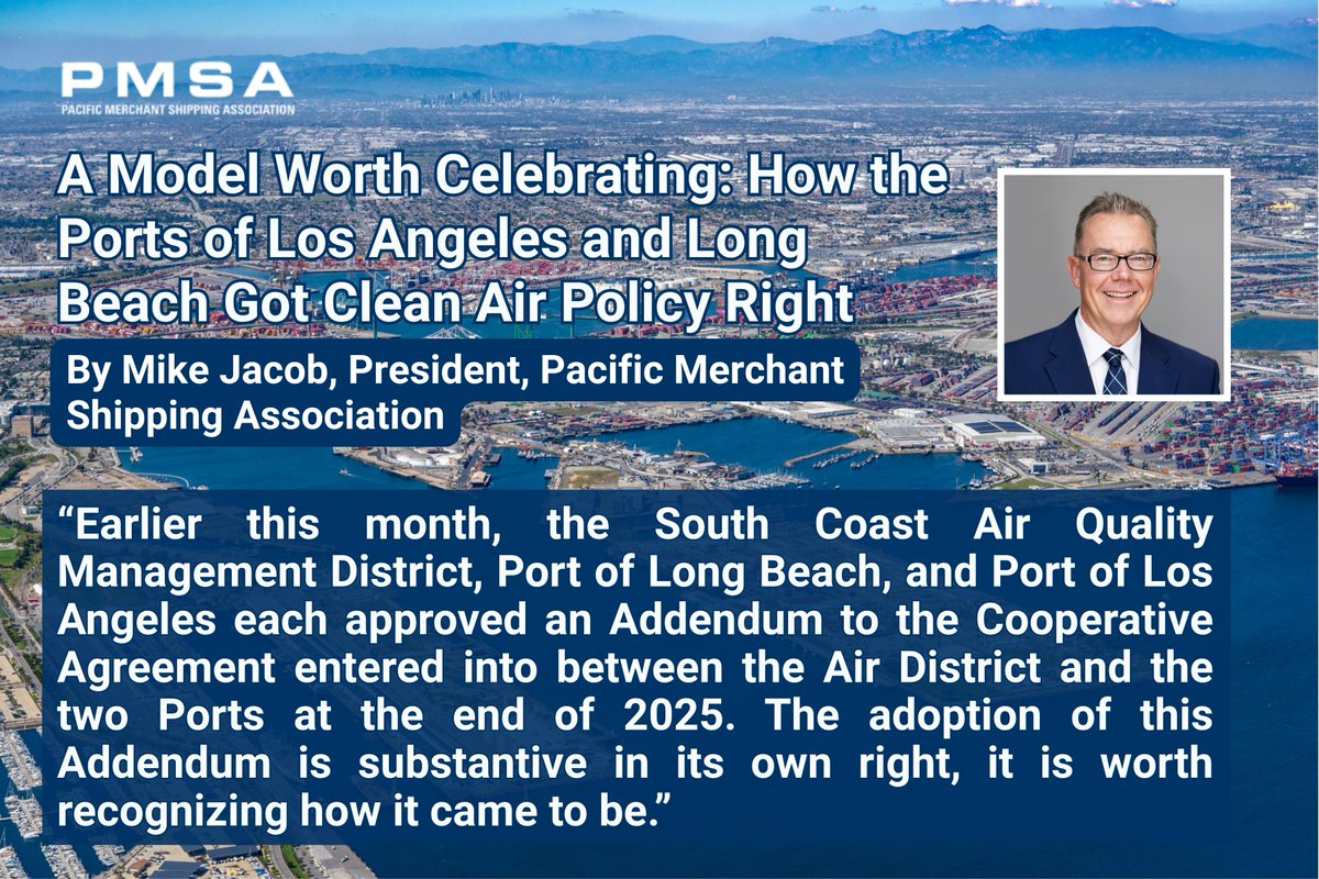 PMSAship's tweet photo. A year ago, San Pedro Bay faced a mandatory Indirect Source Rule. Instead, the South Coast AQMD and the Ports of LA and Long Beach chose partnership and this month's Cooperative Agreement Addendum is the latest proof it works: https://t.co/CPZZlLQRQo https://t.co/FoqFpYsKvj