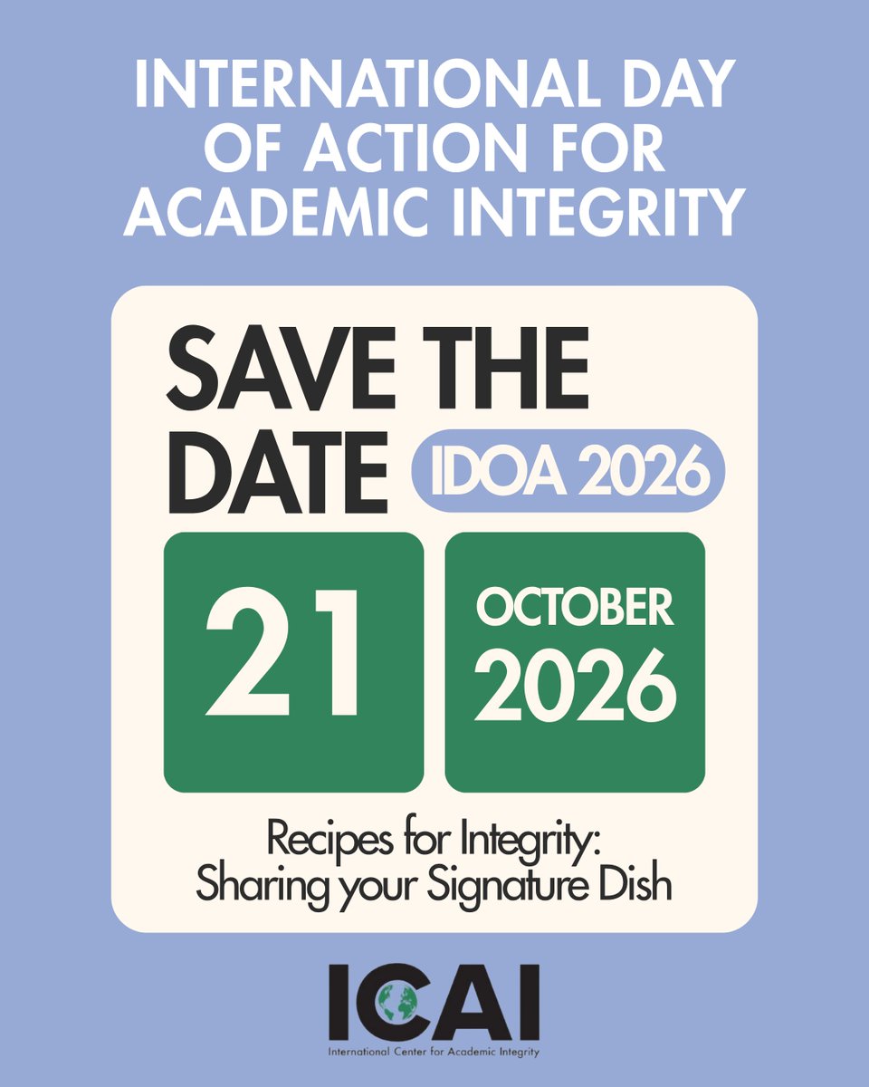 TweetCAI's tweet photo. The International Day of Action for Academic Integrity (IDoA) 2026 is happening Wednesday, October 21, 2026! ๐โจ
๐ Find complete details at https://t.co/svrXMVVx4A
#IDoA2026 #ExcelWithIntegrityย #RecipesForIntegrity https://t.co/3oQCztwtF5