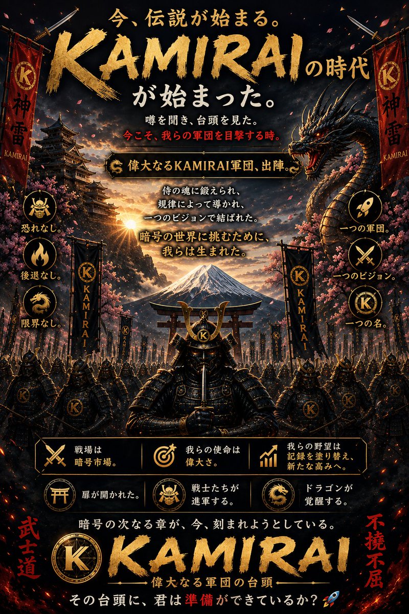 basale726's tweet photo. ⚔️🔥 KAMIRAIの時代が始まった。 🔥⚔️

彼らは噂を聞いた。
彼らはその台頭を目撃した。
そして今……彼らは軍勢を見ることになる。

🐉 偉大なるKAMIRAI軍が、いま動き出す。 🐉

侍の魂によって鍛え上げられ、
規律によって突き進み、
ひとつのビジョンのもとに団結する。

暗号資産の世界に挑む、運命の軍勢。

⚔️ 恐れを知らない。
🔥 退くことはない。
🐉 限界など存在しない。

戦場は、暗号資産市場。
使命は、偉業を成し遂げること。
野望は、記録を打ち破り、新たな高みへ到達すること。

🚀 ひとつの軍勢。
⚔️ ひとつのビジョン。
🐉 ひとつの名。

KAMIRAI

門が開かれる。
戦士たちが進軍する。
龍が目を覚ます。

暗号資産の次なる歴史が、今まさに刻まれようとしている。

🔥⚔️ KAMIRAI — 偉大なる軍勢の台頭。 ⚔️🔥

さあ、台頭の瞬間を迎える準備はできているか？ 🚀
@KamiraiOfficial