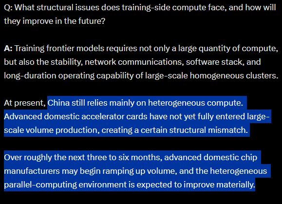 pandawatch88's tweet photo. This was an interesting read, the Zhipu (Zai/GLM) earnings call.

Same as with the letter they posted after the July fundraise, I enjoy the read, but understand half of it
---That's ok, I don't care about the details, these will change in 3 months
---I'm just trying to get a sense of acceleration/change in compute, monetization, etc as it has implications for Chinese hardware and hyperscalers, where I have money

Three interesting things to me:

1-they are still waiting for high end Chinese chips for training, coming 2H26
---This commentary ties with what Alibaba and Tencent say
---And to me it is bullish SMIC, which has been trading sideways, but saw an uptick in revenue this quarter. No one else makes this stuff
---Now, will SMIC make money is a different question. But since when is profitability important for investors. The book says just buy accelerating top lines.

2-the business model has moved from services (for on prem deployment), to then api/tokens (for coding and subscription plans), to now Tasks (get this done for me)
---Interesting because this is similar to what Eddie Wu said in the Alibaba call
---Both say money in AI will not be made selling compute/tokens but selling the product/solution/task
---Not good for hyperscalers without models as they become the infra where the cool stuff runs on top? (like chips vs msft in the 90s, or telecoms vs apple in 2010s)
---Or maybe the China business model ends up different than in the US, same as China jumped straight to mobile (since China doesn't have SaaS today)

3-Funny one: for this "task" thing, their biggest use case at the moment is cybersecurity, help companies fix vulnerabilities
---This is funny because the Palo Altos and all cyber names are shinning today, spared from Saaspocalypse victims, as every investor thinks they are the most important software at the moment to save companies from rogue agent civilizations
---But it turns out actually Cyber could be the first software category fully disrupted by model companies😂
---short PANW? Dunno, check with a bank CTO