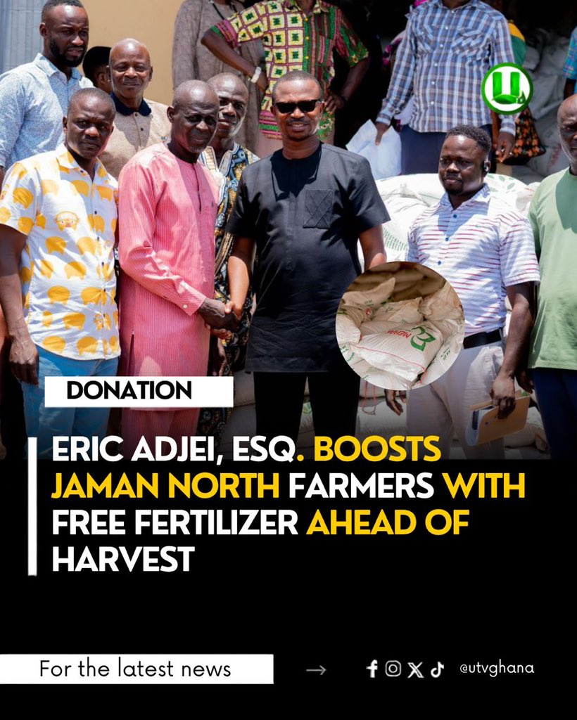 YepKof's tweet photo. Big boost for Jaman North farmers!
Eric Adjei, Esq. has stepped up with a timely donation of free fertilizer just ahead of the harvest season. Supporting our hardworking farmers is supporting the backbone of our communities. https://t.co/f8w0x6JKcG