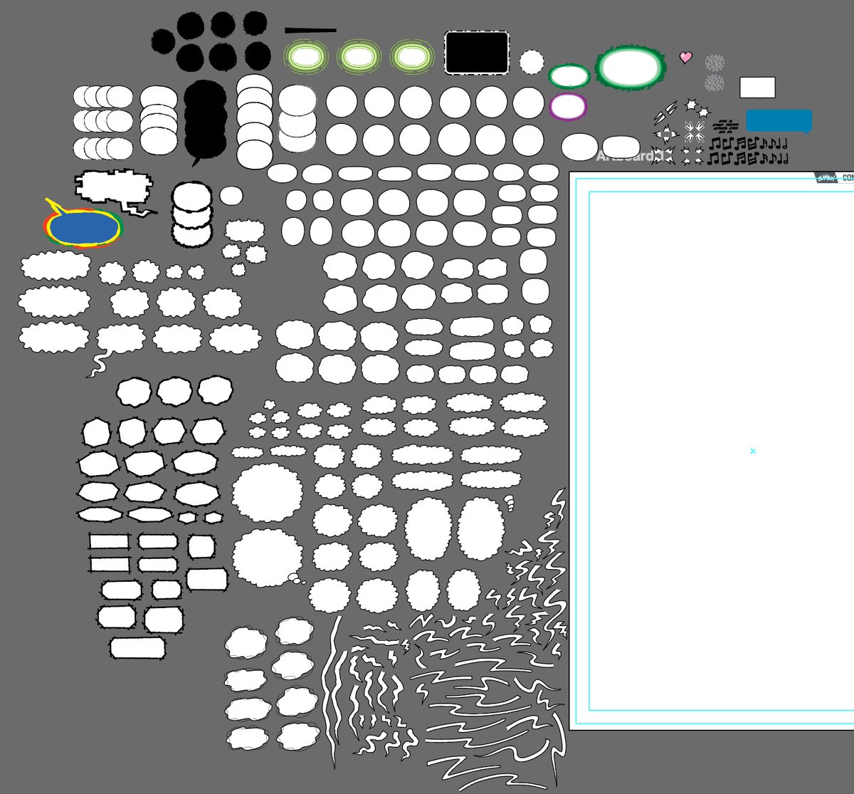 blambot's tweet photo. My current, default Illustrator lettering template. Whenever I start a new project, I decide which style of  assets will look best with the art, (e.g., which style of radio balloons, which shout balloons, etc.) and delete the rest before saving as the template for that project. https://t.co/tjjyrRgmuU