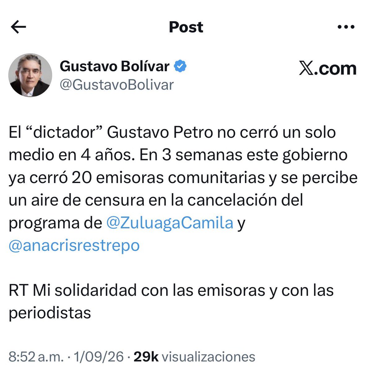 ElPraxedes's tweet photo. @MafeCarrascal @BluRadioCo Es evidente que hay un libreto escrito, ¿Guanumen? . La idea es imponer la narrativa sin fundamentos de censura a los medios por parte del presidente @AbelardoPTE , mientras que al mismo tiempo alaban a Petro por no haber sido un dictador. https://t.co/4gvaLGjbPX