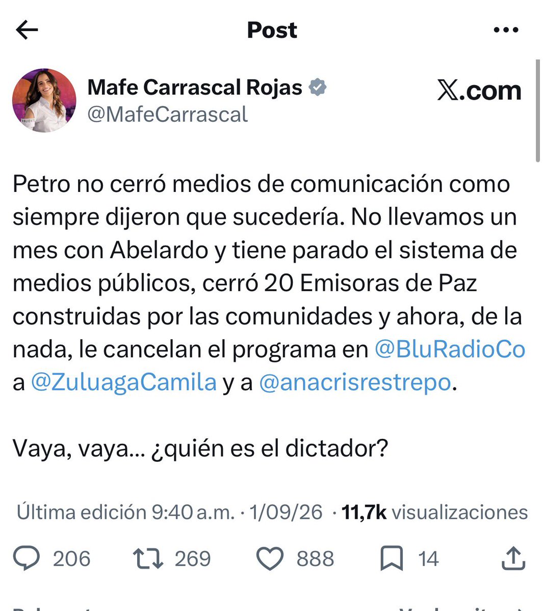 ElPraxedes's tweet photo. @MafeCarrascal @BluRadioCo Es evidente que hay un libreto escrito, ¿Guanumen? . La idea es imponer la narrativa sin fundamentos de censura a los medios por parte del presidente @AbelardoPTE , mientras que al mismo tiempo alaban a Petro por no haber sido un dictador. https://t.co/4gvaLGjbPX