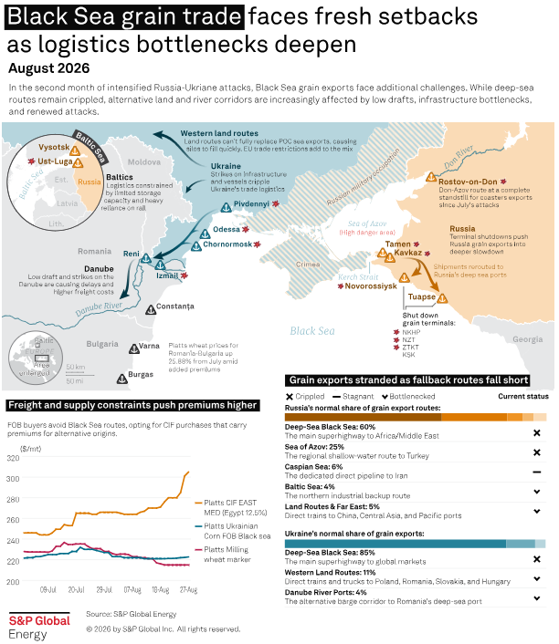 SPGEnergyAg's tweet photo. Black Sea grain exports are encountering new obstacles. Alternative land and river corridors are increasingly hampered by low water levels, infrastructure bottlenecks, and renewed attacks.

Check out the infographic below for a deeper look: 

https://t.co/wvF5AoFFgc https://t.co/8qJ5i5D4lx