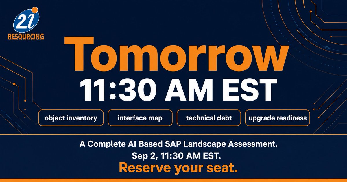 2iresourcing's tweet photo. Tomorrow. 11:30 AM EST.

A Complete AI Based SAP Landscape Assessment, produced live on real SAP artifacts with an architect holding every gate.

Reserve your seat: https://t.co/xEeOJOwliu

#SAPStaffing #SAPTalent #SAPRecruitment #SAPCareers #ABAP https://t.co/qbuIwZ8pwD