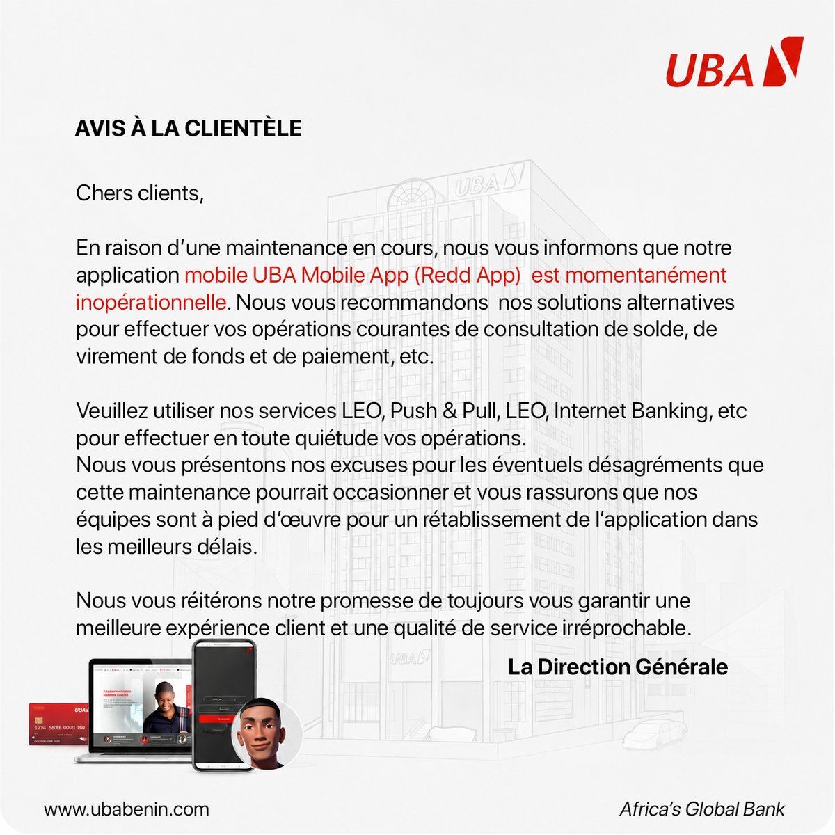 UBABenin's tweet photo. NOUS SOMMES EN MAINTENANCE !!!
#AfricasGlobalBank #UBABenin #MobileBanking #ReddApp https://t.co/klNtHGGjnt