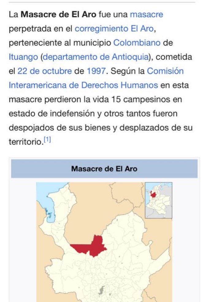 nycbeing's tweet photo. #LaMasacreDeAro y #LaGranja provocaron el desplazamiento de 1.400 campesinos. Yo no sé mucho sobre otras masacres ni use libros ni entrevistas periodísticas neither accept the slogan of ‘Researcher’ #CorporacionCriminal mi interés fue la razón por la cuál estas 2 se realizaron https://t.co/xrg4NJlEWV