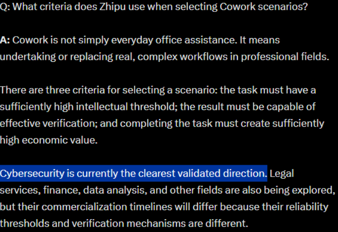 pandawatch88's tweet photo. This was an interesting read, the Zhipu (Zai/GLM) earnings call.

Same as with the letter they posted after the July fundraise, I enjoy the read, but understand half of it
---That's ok, I don't care about the details, these will change in 3 months
---I'm just trying to get a sense of acceleration/change in compute, monetization, etc as it has implications for Chinese hardware and hyperscalers, where I have money

Three interesting things to me:

1-they are still waiting for high end Chinese chips for training, coming 2H26
---This commentary ties with what Alibaba and Tencent say
---And to me it is bullish SMIC, which has been trading sideways, but saw an uptick in revenue this quarter. No one else makes this stuff
---Now, will SMIC make money is a different question. But since when is profitability important for investors. The book says just buy accelerating top lines.

2-the business model has moved from services (for on prem deployment), to then api/tokens (for coding and subscription plans), to now Tasks (get this done for me)
---Interesting because this is similar to what Eddie Wu said in the Alibaba call
---Both say money in AI will not be made selling compute/tokens but selling the product/solution/task
---Not good for hyperscalers without models as they become the infra where the cool stuff runs on top? (like chips vs msft in the 90s, or telecoms vs apple in 2010s)
---Or maybe the China business model ends up different than in the US, same as China jumped straight to mobile (since China doesn't have SaaS today)

3-Funny one: for this "task" thing, their biggest use case at the moment is cybersecurity, help companies fix vulnerabilities
---This is funny because the Palo Altos and all cyber names are shinning today, spared from Saaspocalypse victims, as every investor thinks they are the most important software at the moment to save companies from rogue agent civilizations
---But it turns out actually Cyber could be the first software category fully disrupted by model companies😂
---short PANW? Dunno, check with a bank CTO