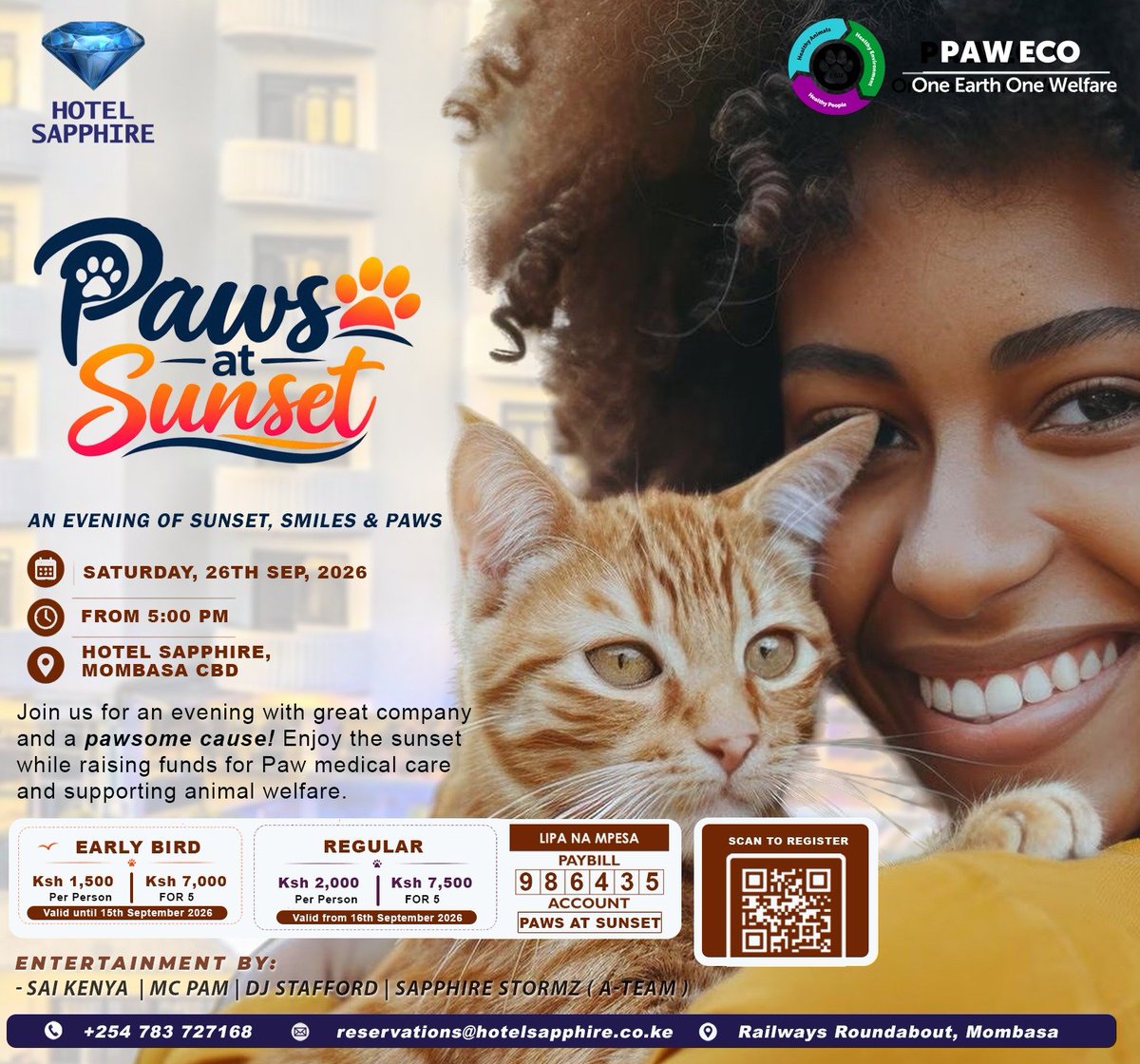 reelwithnusrat's tweet photo. 🐾 PAWS AT SUNSET 🌅 @pawmombasa

 An Evening of Paws, Purpose & Fun

Hosted by Sapphire Hotel in support of PAW Mombasa

🐾 Come for the fun.
❤️ Stay for the cause.
🌅 Leave knowing you helped a street animal.

Join us on *Saturday, 26 September 2026 for a special fundraising evening dedicated to helping vulnerable street animals receive the medical treatment, care and second chances they deserve.

WHY WE ARE PAWSING FOR A CAUSE 🐾

PAW Mombasa works with vulnerable street animals including sick, injured, disabled and abandoned animals, providing essential treatment, rescue support, vaccination, TNVR and community education.

Your ticket helps us continue responding to animals who have nowhere else to turn.

✨ WHAT'S HAPPENING?

🍹 Welcome drink
🍢 Delicious menu & bitings
🎶 Live band
🎧 DJ music
🎭 Animation performers
🎟️ Exciting raffle prizes
🐾 Pet-themed merchandise
❤️ Stories & awareness about street animals
🌅 A beautiful evening at Sapphire Hotel

🎟️ GET YOUR TICKETS

EARLY BIRD - LIMITED TIME!

Bring your friends. Bring your family. Bring your animal-loving crew! 🐾

Your support directly helps us respond to animals in need. 🐾

Your ticket isn't just a ticket.

It's treatment for an animal who is sick.
It's care for an animal who is injured.
It's hope for an animal who has been forgotten.

We can't wait to see you at Sapphire Hotel on Saturday, 26 September 2026! 🌅🐾

Come for the sunset.
Stay for the paws.
Give a little. Change a life. ❤️

https://t.co/YVuPlDCw4S