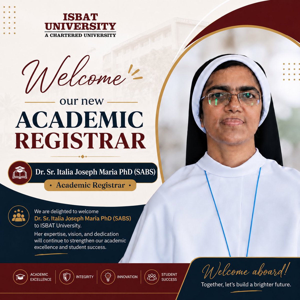 isbatkampala's tweet photo. A warm welcome to Dr. Sr. Italia Joseph Maria, PhD, as she joins ISBAT University as our new Academic Registrar. 🎓

We look forward to her leadership, experience, and commitment to academic excellence, integrity, innovation, and student success as we continue building a stronger future for our university community.

Welcome to ISBAT University, Dr. Sr. Italia Joseph Maria!

#ISBATUniversity #AcademicRegistrar #Welcome #AcademicExcellence #Leadership #HigherEducation #StudentSuccess #Uganda