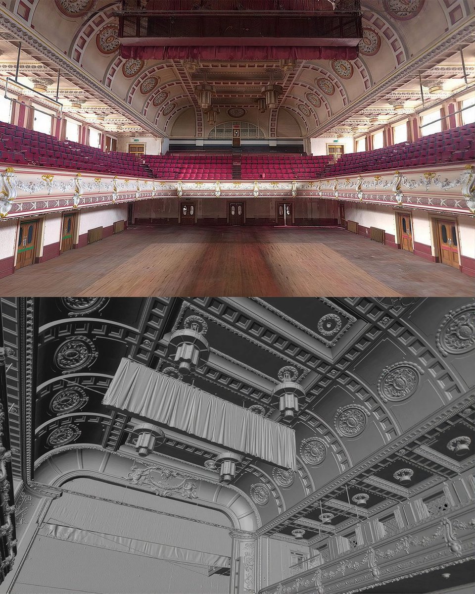 Artec3DScanners's tweet photo. With the original drawings for Queen's Theater missing, a £19 million renovation needed as-built data. @Europac3d captured the venue with Artec Ray II in 40 scans, covering auditorium, stage, lobby, and balconies in five hours at up to 1.9 mm accuracy. https://t.co/IPkfuMvEjr https://t.co/pL3c7bbeCQ