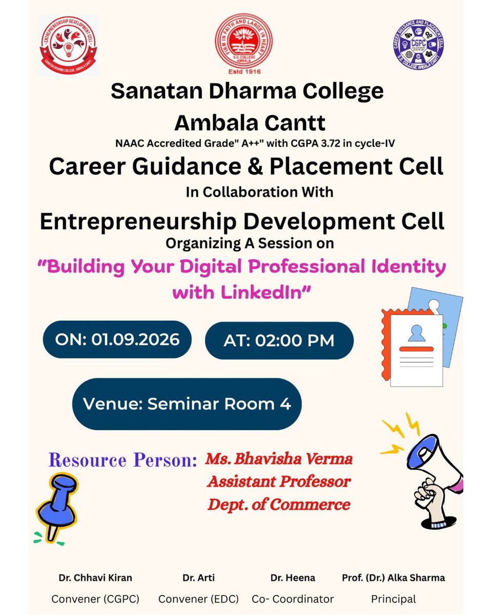 cgpcsdc's tweet photo. 💼✨ Building Your Digital Professional Identity with LinkedIn!
CGPC, in collaboration with EDC, Sanatan Dharma College, Ambala Cantt., presents an insightful session on LinkedIn, personal branding &amp; professional networking. 🚀
✨ Build. Connect. Grow.
#LinkedIn #CGPC #SDcollege https://t.co/tDgwMaNPMk