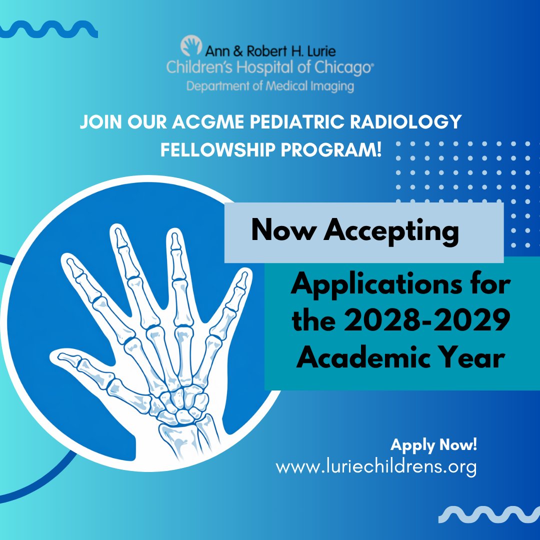 LurieRad's tweet photo. 🚨Future Pediatric Radiologists: Applications open TODAY Sept. 1, 2026 for our ACGME-accredited Pediatric Radiology Fellowship, affiliated with @McGawMedical &amp; @NorthwesternU . 

Apply🔗: https://t.co/wo8B39C1NA

#LurieChildrens #PediatricRadiology #MedEd https://t.co/eDaz9Aplf9