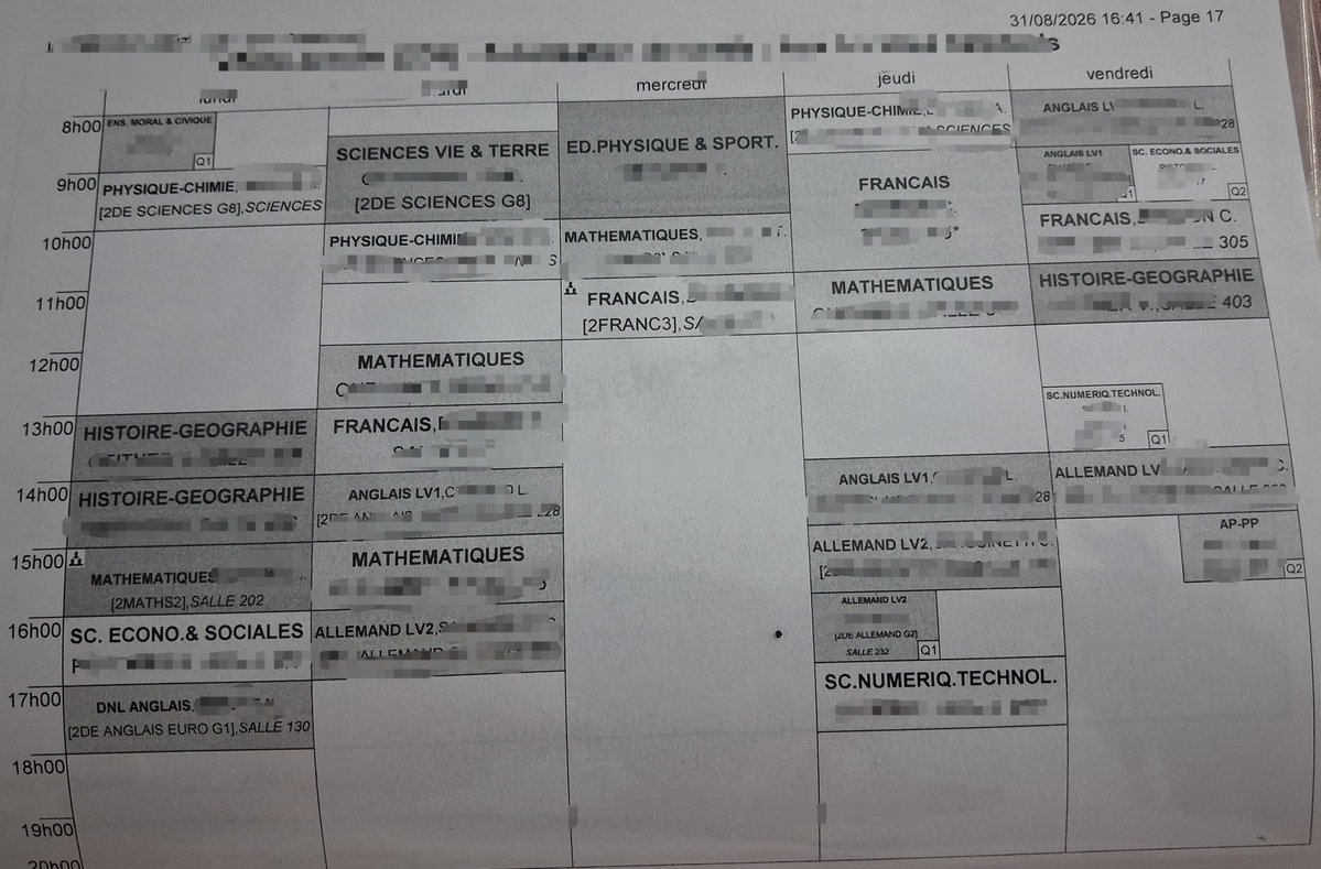 Sw1ftyFV's tweet photo. Le système français est vraiment à revoir c’est dingue de faire ça ! 
Je rentre au lycée en générale et on me pose ça sous les yeux 
Juste 5h de cours 2 après midi de suite
Finir 2 fois à 18h dans la semaine et commencer à 8h tout les jours.
1/2 https://t.co/8LtrPTzlJb
