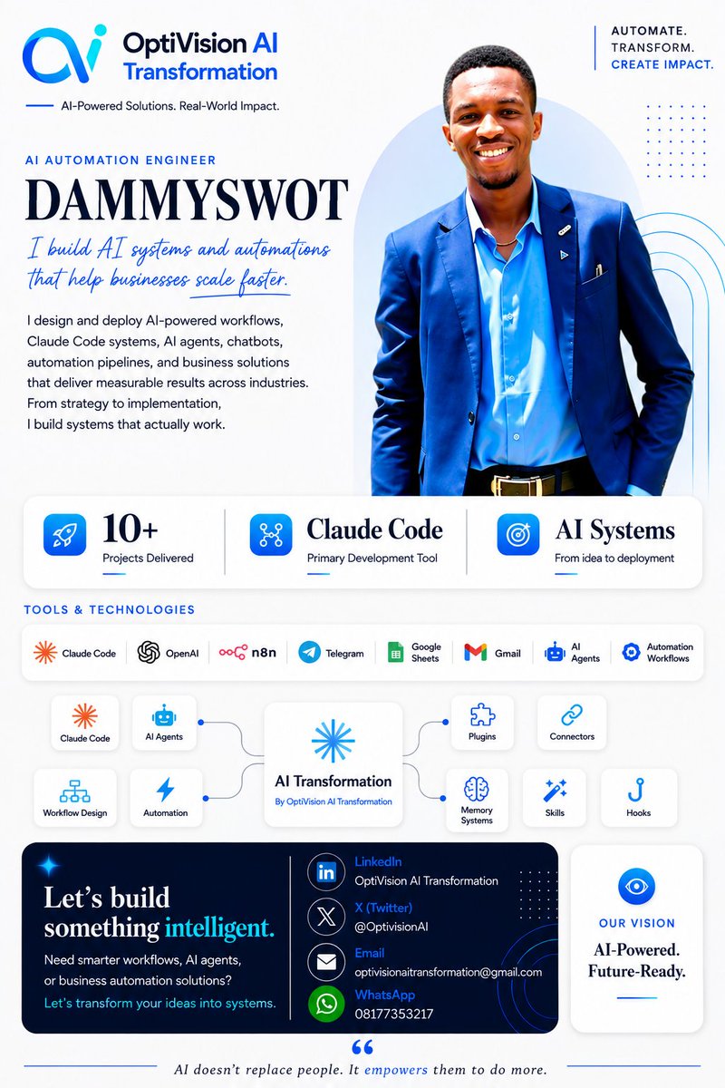 OptiVisionAI's tweet photo. If you can see this, welcome to September.

I’m DammySWOT. I’m an AI Automation Engineer building smart systems, chatbots, and workflows that help businesses reduce repetitive tasks and work smarter.

I’m also documenting my journey as I learn, build, and grow in AI &amp; automation. https://t.co/O5H1fMxpmY