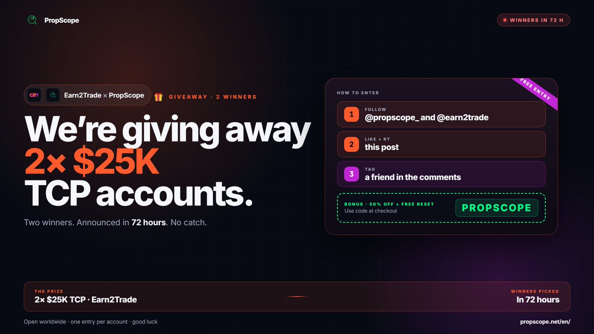 propscope_'s tweet photo. 🎁 Earn2Trade Giveaway!

Giving away 2x $25K TCP account from @earn2trade 

Winner picked in 72 hours.

To enter:
✅Follow @propscope_ and @earn2trade 
✅Like + RT this post
✅Tag a friend in the comments

Use code PROPSCOPE for 50% + a FREE reset on Earn2Trade!

Good luck, everyone!