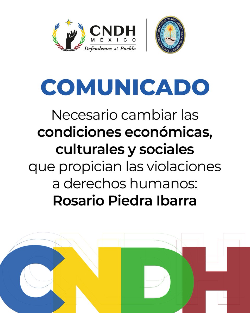 CNDH's tweet photo. La CNDH y la Universidad Central “Marta Abreu” de Las Villas suman esfuerzos para impulsar educación, investigación, capacitación y conocimiento en favor de los derechos humanos y de la cultura de paz en México y Cuba. 

"Defender los derechos humanos también es cambiar las condiciones que propician su vulneración", afirmó la presidenta Rosario Piedra Ibarra.

#DefendemosAlPueblo