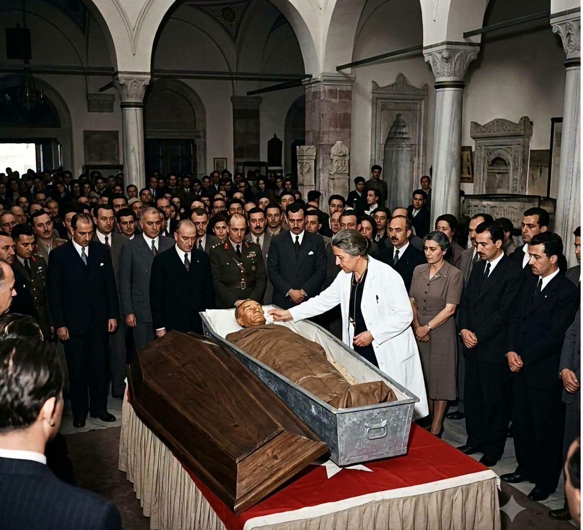 Bandral11's tweet photo. 11 Kasım 1938.
Atatürk’ün naaşı, İslam Tetkikleri Entsitüsü direktörü Ordinaryüs Profesör Mehmet Şerafettin Yaltkaya’nın nezaretinde yıkandı. Başbakan Celal Bayar’ın talimatıyla, Profesör Lütfi Aksu tarafından tahnit işlemi yapıldı.
Vücudun bozulmadan korunmasını sağlayacak olan solüsyon, 200 gram formalin, 1 gram sublime, 200 gram tuz, 10 gram acide pehenque, 1000 gram su’dan oluşuyordu.
Profesör Aksu, tahnit işlemi bittikten sonra, iki küçük şişeye solüsyondan doldurdu, ağızlarını lehimledi, üzerlerine yapıştırdığı etiketlere terkibi yazdı, Atatürk’ün kollarının arasına sıkıştırdı.
Kurşun galvanizli tabuta yerleştirildi, kapağı kapatıldı, gül ağacından yapılmış tabuta yerleştirildi, onun da kapağı kapatıldı, üzerine Türk Bayrağı örtüldü.
Cenaze namazı için camiye götürülmesinin dinen şart olup olmadığı konusu, Cumhuriyetimizin ilk diyanet işleri başkanı Mehmet Rifat Börekçi’ye danışıldı.
Milli mücadele kahramanı Börekçi, “Atatürk’ün cenaze namazı, tertemiz hale getirdiği vatan toprağının her yerinde kılınabilir” dedi. Namaz, Dolmabahçe Sarayı’nda Ordinaryüs Profesör Yaltkaya tarafından kıldırıldı. Tekbir, Türkçe verildi.😥