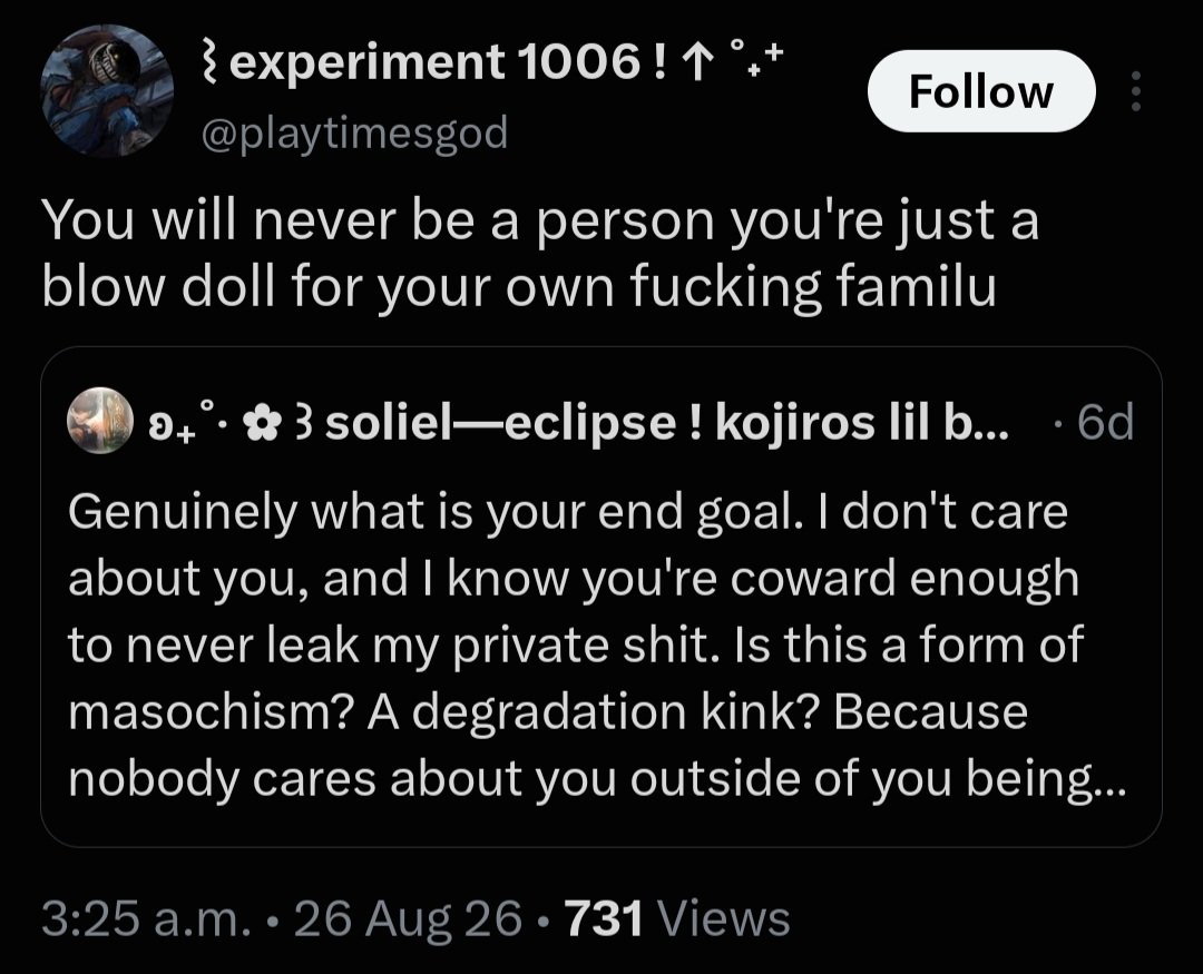 ziggenlover's tweet photo. @playtimesgod your whole account is dedicated to harassing a child and making rape threats towards them. you actually should kill yourself. you're disgusting and you know it too. do your family a favor https://t.co/cWHN0VNG9P