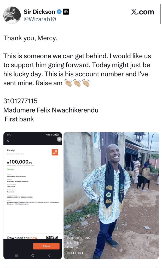 Hybrid_Ola's tweet photo. Twitter users have now raised over ₦5 million for Felix in less than 8 hours after people tried to m0ck him❤️

- Felix was posted on TikTok by a lady named Chiamaka, who was genuinely happy for him. 

- However, his worn-out shoes caught people’s attention, and some people began m0cking him.

- A guy later took Felix’s picture from TikTok to 𝕏 to make fun of him. However, an 𝕏 user, Mercy, shared Felix’s story and revealed that he has been through a lot, from hawking peanuts to washing clothes for students and doing all kinds of jobs just to make ends meet.

- Mercy’s post went viral, and people were deeply touched by Felix’s story and decided to help him.

- While this was happening, someone on TikTok had already gifted Felix ₦1 million.

- Wizarab also took up Felix’s case and shared his account details for people who wanted to support him. 

- 𝕏 users have now started donating, with over ₦5 million raised in less than 8 hours to help Felix have a more comfortable and better life.

What started as an attempt to m0ck someone has turned into a blessing🥹❤️

Congratulations, Felix! ❤️