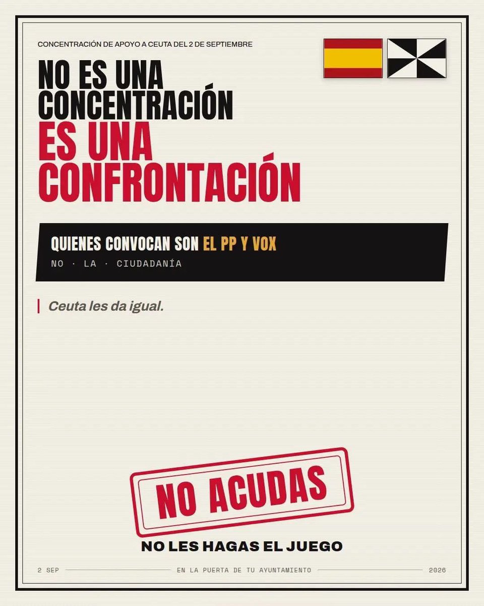 PSOESalteras's tweet photo. 📢  SALTERAS, CON CEUTA. SIN UTILIZARLA COMO ARMA POLÍTICA.

1/3
Desde @PSOE_Salteras queremos trasladar toda nuestra solidaridad y apoyo a Ceuta.

Ceuta y Melilla son España. Toca proteger a sus vecinos, defender  intereses comunes y trabajar con responsabilidad 🇪🇸👇 https://t.co/zXV2FyCyaZ