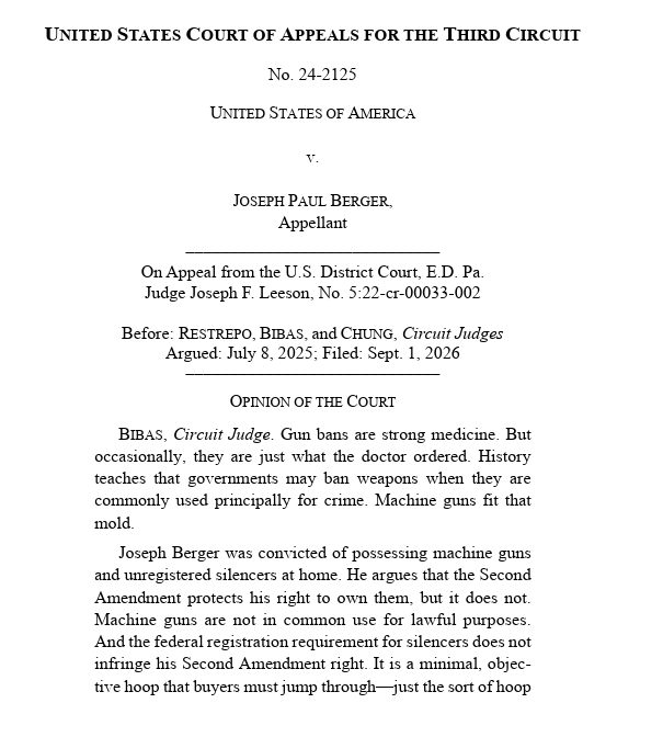 MorosKostas's tweet photo. Looks like the Third Circuit upheld the machine gun ban in a criminal case. Haven't read it yet. https://t.co/okTpjhqE6L