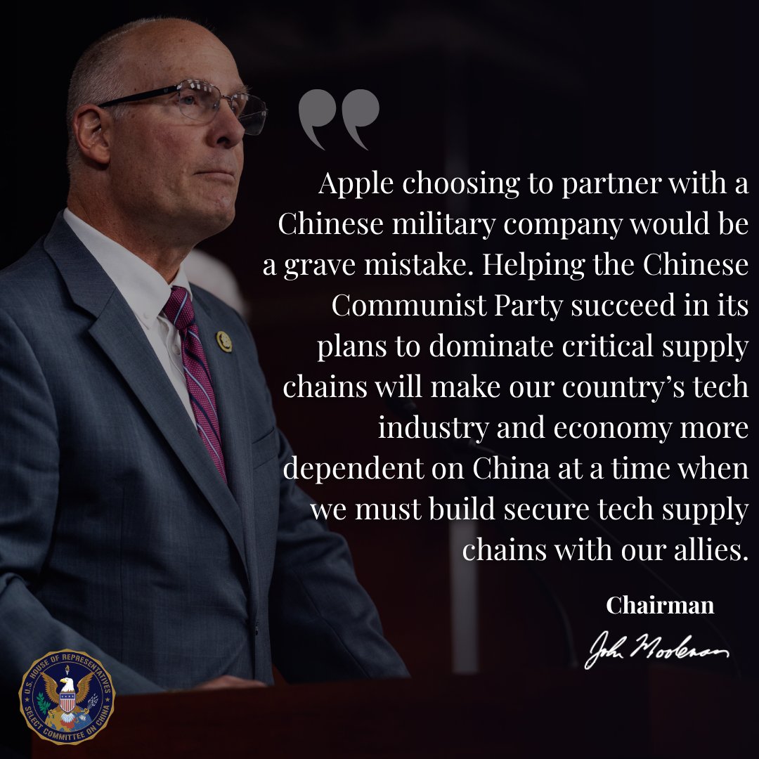 ChinaSelect's tweet photo. As a new CEO starts at @Apple today, a reminder that the Pentagon has added CXMT to the list of Chinese military companies. American companies should not work with Chinese companies that help the PLA. As Chairman Moolenaar said in July: https://t.co/GbZK6eJ9rD