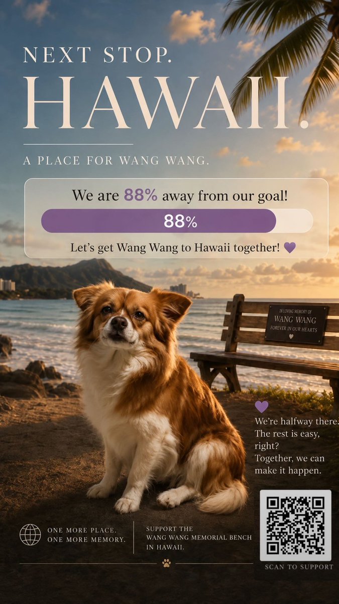 PeiLiu570497's tweet photo. We only have 12% left to go!

Just 12% more, and we can send Wang Wang’s family to Hawaii, carrying this love even farther. 🌺🐾

🇺🇸 Central Park, USA — a Wang Wang memorial bench
🇸🇬 Singapore — a Wang Wang memorial bench
🇨🇦 Canada — a Wang Wang memorial bench

And now—
🌺 Next stop: Hawaii! 🇺🇸

https://t.co/JpJ5Kt9AV0

We’re so close to the finish line.
Let’s make it happen together and bring Wang Wang’s family to Hawaii! 🐶💜
#justiceforwangwang 
#WangWang #旺旺 
#Jieyang #BoycottJieyang