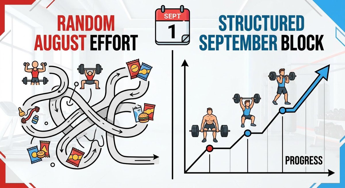 OlawaleFit's tweet photo. September is a clean 4-week training block. If you spend it jumping between random workouts, you will end the month exactly where you started.

If you want real progress over the next 30 days:
•Lock into an Upper/Lower split to maximize weekly training frequency.
•Anchor your sessions around deadlifts, presses, and loaded carries.
•Allow adequate central nervous system recovery between heavy volume days.
•Track your weights and demand progressive overload week over week.

Structure will always outperform random motivation. Plan the work, then execute.@Victor_Webflow @__lordfaith