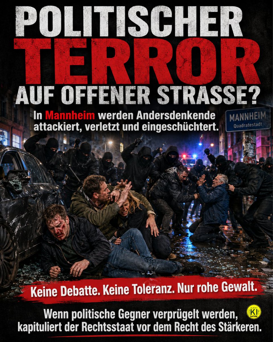 Bernd_Kaiser_BD's tweet photo. Wer braucht noch den Rechtsstaat, wenn militante Extremisten in Mannheim Andersdenkenden auf offener Straße auflauern, sie verprügeln und Autos demolieren? Auf radikalen Portalen wird diese rohe Gewalt gerade ernsthaft als „erzieherische Abreibung“ gefeiert.

Da trifft sich eine Gruppe privat, um über Politik und Sprache zu diskutieren – und wird plötzlich von einem zahlenmäßig überlegenen Mob eingekesselt, körperlich attackiert und verletzt. Wer sich angesichts blutiger Gesichter und zerstochener Reifen dann noch hinstellt und stolz verkündet, man kämpfe bewusst abseits des „bürgerlichen Staates“, hat jeglichen Verstand verloren. 
Das ist kein Widerstand gegen vermeintlichen Faschismus, das ist purer politischer Terror und organisierte Straßenkriminalität.

Die Doppelmoral ist schier atemberaubend. Dieselben Kreise, die bei jeder Meinungsäußerung, die nicht in ihr enges Weltbild passt, sofort laut nach dem Staat rufen, feiern hier die Ausübung physischer Gewalt als moralische Heldentat. 
Wer gezielt Jagd auf Menschen macht, nur weil einem deren konservative Haltung nicht in den Kram passt, schaufelt dem gesellschaftlichen Frieden in diesem Land eigenhändig das Grab.

Wenn weite Teile der Öffentlichkeit und die Politik es stillschweigend hinnehmen, dass politische Gegner physisch attackiert und eingeschüchtert werden, kapitulieren die Institutionen vor dem reinen Recht des Stärkeren. 
Willkommen in einer Realität, in der der linke Mob bestimmt, wer sich wo versammeln darf.

#Mannheim #Linksextremismus #PolitischeGewalt

https://t.co/fw5twzTIDe