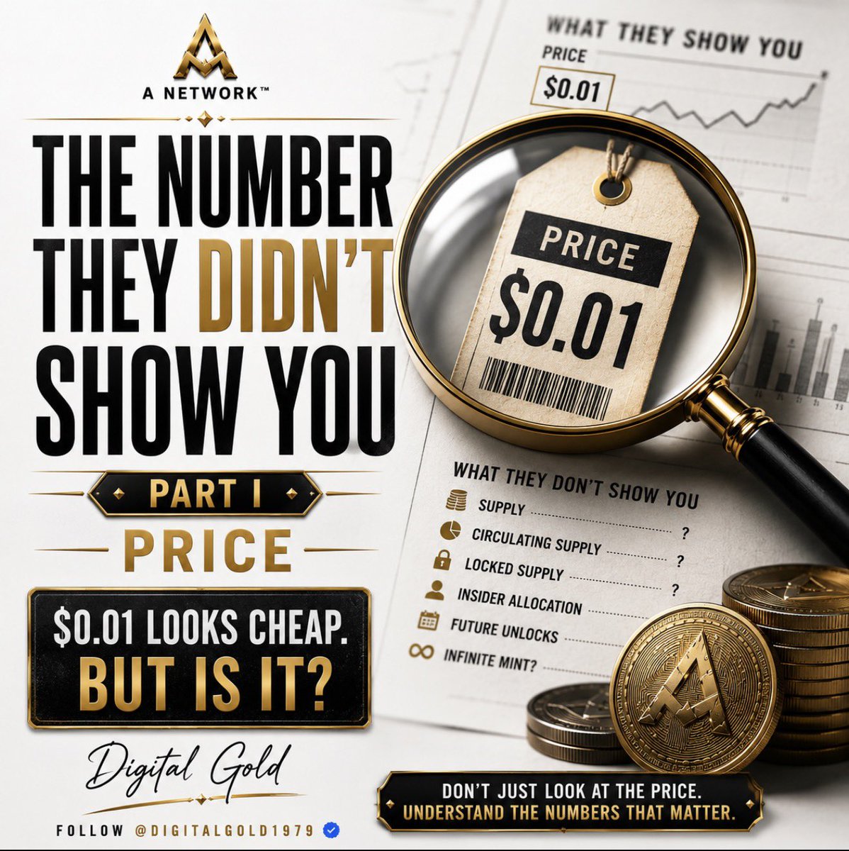 Digitalgold1979's tweet photo. 🚨 THE NUMBER THEY DIDN’T SHOW YOU — PART I

PRICE.

It’s usually the first number they show you.

$0.001

And immediately your brain says:

“Cheap.”

Then you see another coin:

$1,000

And your brain says:

“Too expensive.”

But what if I told you…

neither number tells you whether the asset is cheap or expensive?

Because they showed you the PRICE.

They didn’t show you the number standing behind it:

SUPPLY.

Imagine:

COIN A
Price: $0.01
Supply: 100 BILLION

COIN B
Price: $100
Supply: 1 MILLION

Which one is actually cheaper?

Now the question isn’t so easy.

━━━━━━━━━━━━━━

This is one of the oldest psychological traps in crypto:

UNIT BIAS.

People love owning:

1,000,000 coins at $0.001

instead of:

0.01 of something scarce.

Why?

Because one feels cheap.

But markets don’t care about feelings.

They care about mathematics.

Price × circulating supply helps determine market capitalization.

And even that isn’t enough.

You still need to ask:

How much supply exists?

How much is circulating?

How much is locked?

How much can still be created?

How much belongs to insiders?

When does the next supply unlock?

━━━━━━━━━━━━━━

So next time somebody tells you:

“LOOK! IT’S ONLY $0.01!”

Don’t ask:

“How high can it go?”

Ask:

“HOW MANY EXIST?”

Because sometimes…

the most dangerous number in crypto isn’t the number they hid.

It’s the number they showed you first.

— Digital Gold

#Crypto #Bitcoin #Tokenomics #ANetwork 
@cz_binance