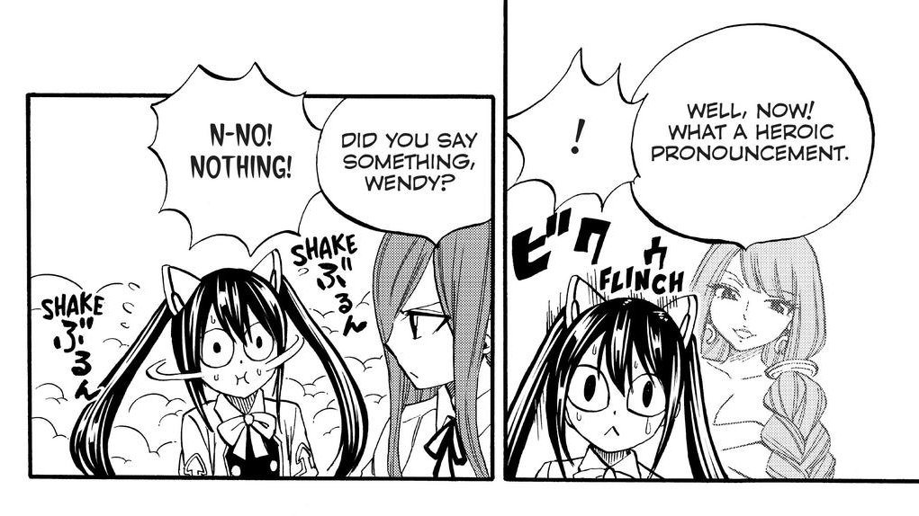 9_coming's tweet photo. We probably won't know till the anime adapt this but I wanna believe Irene hyjacked Wendy to speak to Erza here

Normally in a scene like this a panel would be dedicated to Wendy after all, not Irene https://t.co/cl4ijYTXwQ