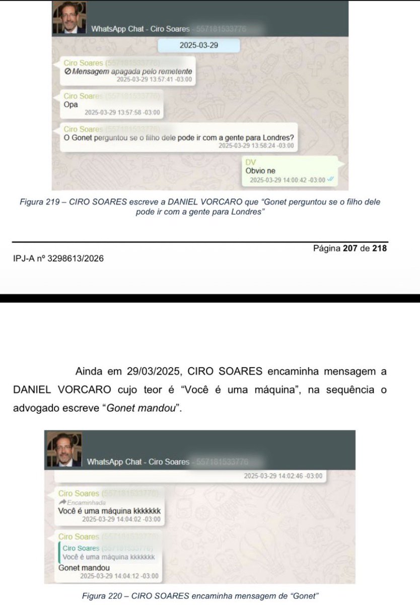 SamPancher's tweet photo. Relata a PF:

“Ainda em 29/03/2025, CIRO SOARES encaminha mensagem a DANIEL VORCARO cujo teor é "Você é uma máquina". Na sequência, o advogado escreve ‘Gonet mandou". https://t.co/yzhBZ6bcT1