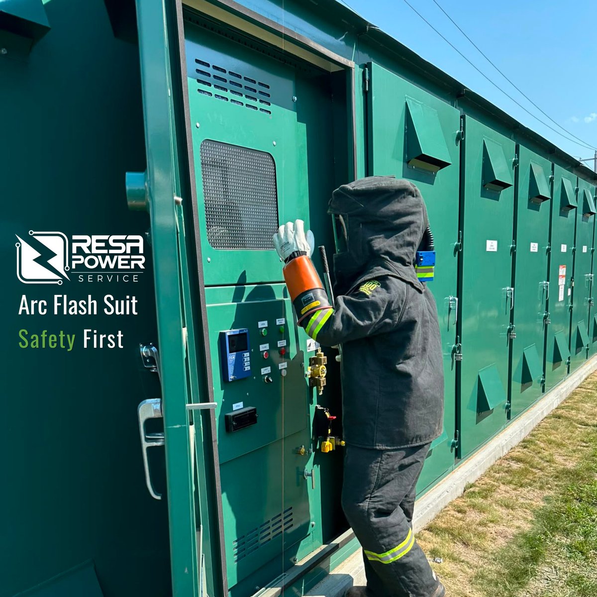 ResaPower's tweet photo. Although it reached 31°C (88°F) outside, safety standards never take a backseat. Jaxon Beier wore full arc flash PPE while switching, isolating, testing for absence of voltage, and applying grounds. https://t.co/QcPL18nb53