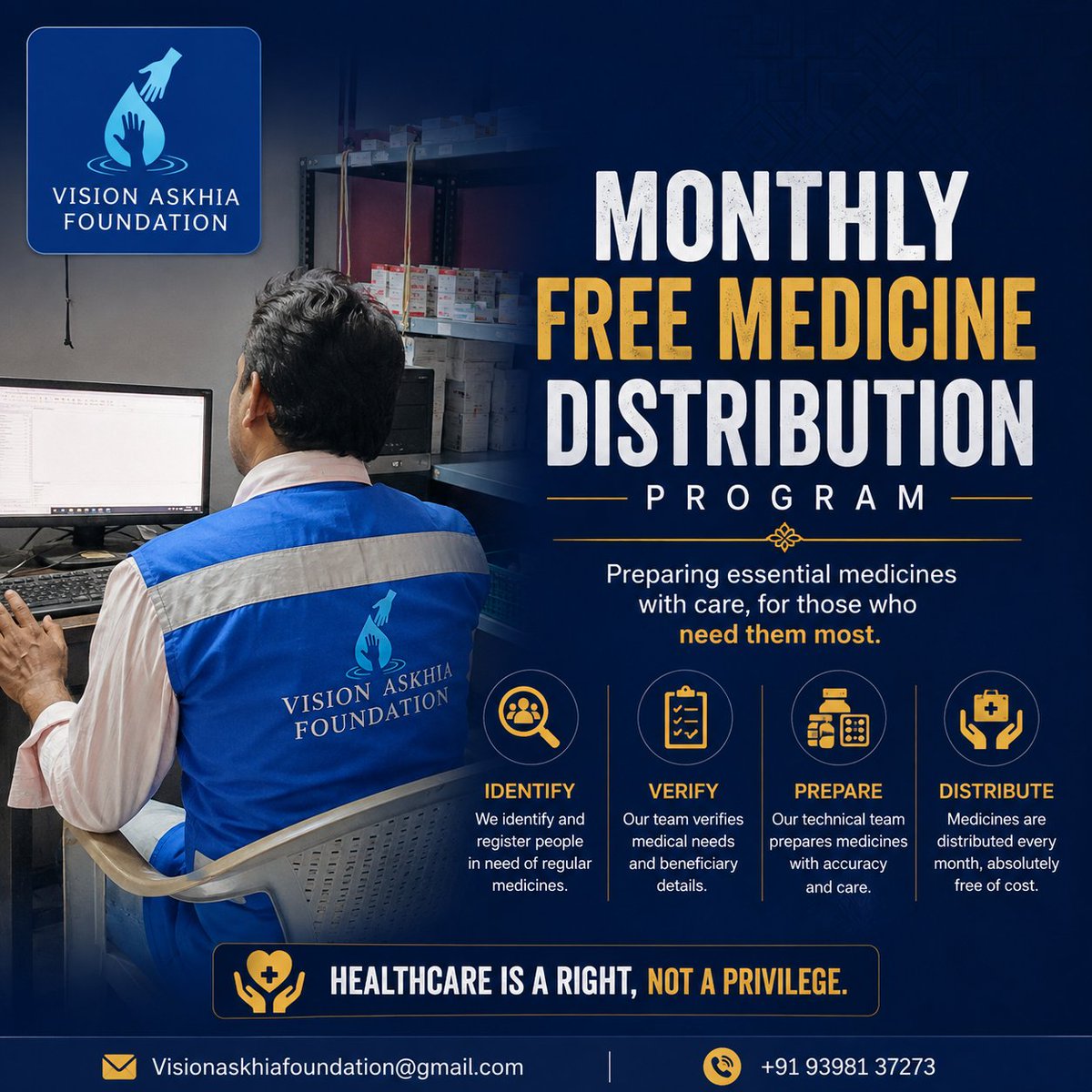 VisionAskhia's tweet photo. Monthly Free Medicine Distribution Program — Supporting people who struggle to afford their essential monthly medicines by providing them free medicine support every month.  Healthcare is a right, not a privilege.

#VisionAskhiaFoundation #FreeMedicine https://t.co/fsKIHswTud