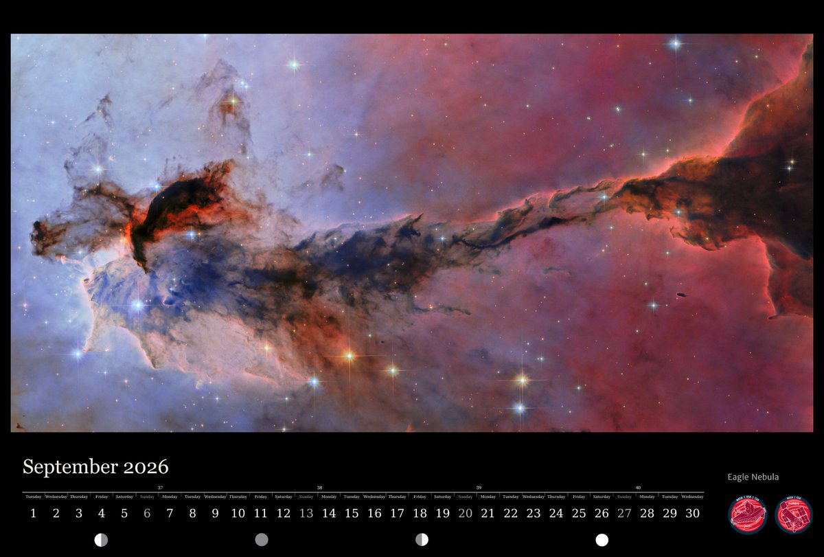 HUBBLE_space's tweet photo. In the 2026 ESA/Hubble and ESA/Webb calendar, the month of September features the Eagle Nebula! 🦅 This image shows just a small portion of the nebula, which is 9.5 light-years long and 7,000 light-years away from Earth.

Ready to print .pdf here: https://t.co/P9EiXoZc5l 

📷 @esa / @HUBBLE_space , @NASA , K. Noll