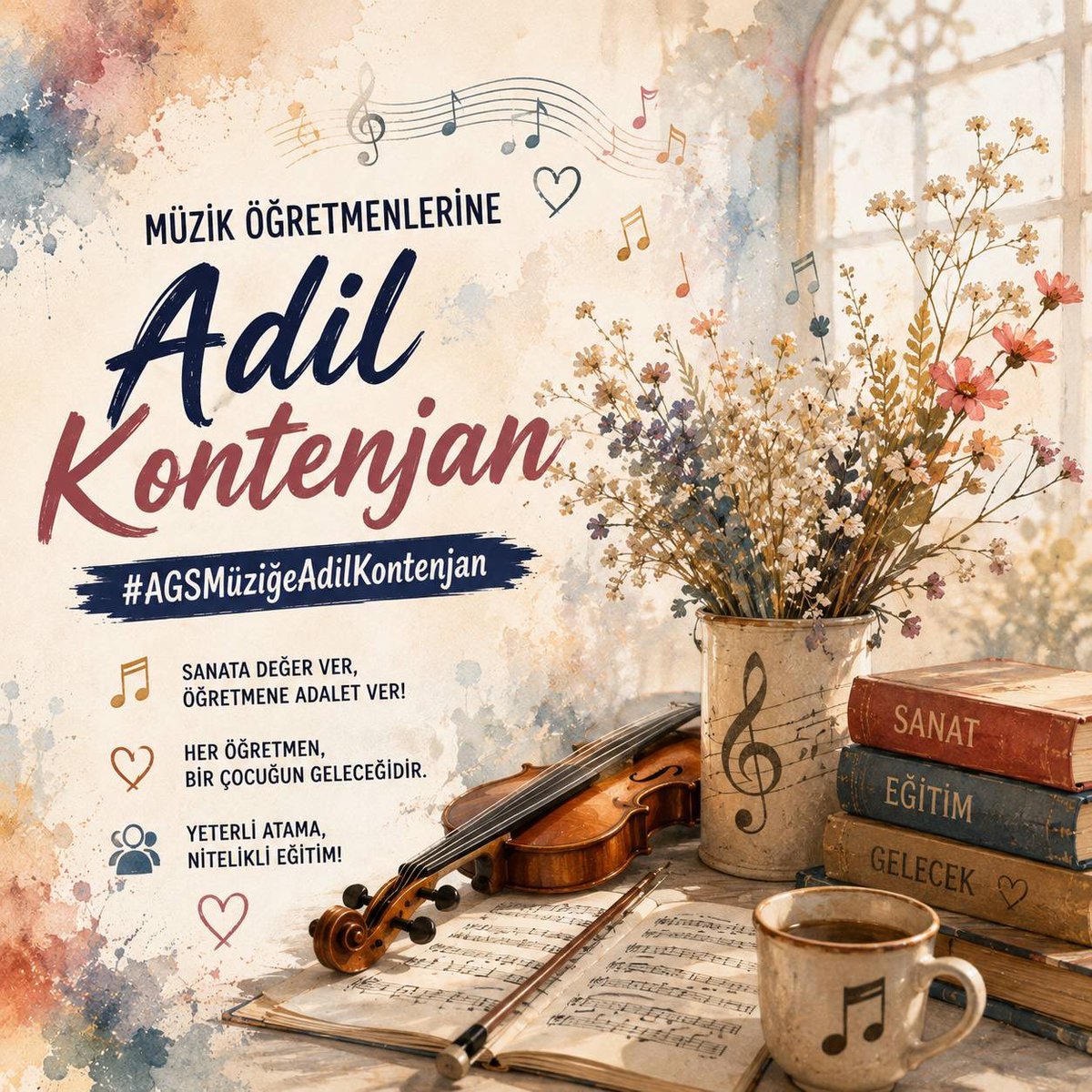 hevidar_aslan's tweet photo. Bir nota, bir umut; bir öğretmen, binlerce gelecek…
    Müzik öğretmenlerine adil kontenjan verilsin. 🎼

@RTErdogan @Yusuf__Tekin @memetsimsek
@oktay_saral @TalipGeylan06 @edipuzen

#AGSMüziğeAdilKontenjan https://t.co/TDAmpBA6wY