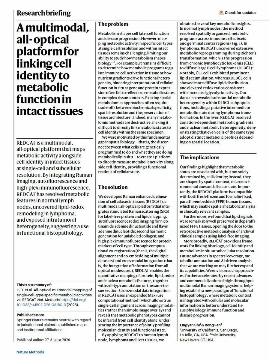 StimulatedRaman's tweet photo. Our “Little Red Cat”, has finally been formally adopted by Nature Methods!
—UCSD's SRS metabolic imaging + Yale's spatial omics cell typing: one slide that nails identity, location, and metabolism, all while being extendable to transcriptomics, epigenomics, in live cells&amp;tissues https://t.co/9IpqZVRW03