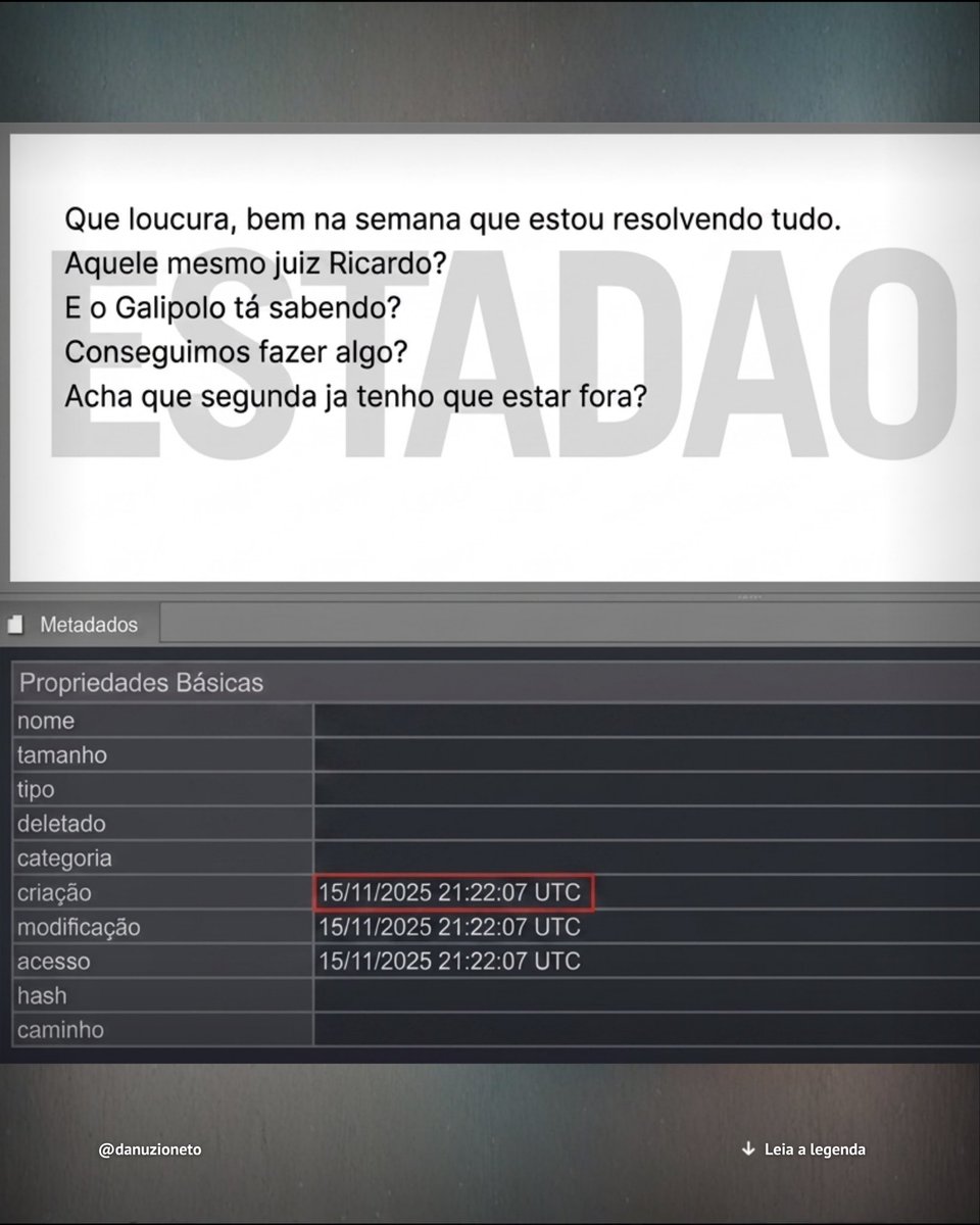 danuzioneto's tweet photo. 🚨🇧🇷⚖️ @danuzioneto | Daniel Vorcaro enviou uma mensagem ao ministro Alexandre de Moraes em 15 de novembro de 2025, dois dias antes de ser preso pela Polícia Federal, perguntando: “Acha que segunda já tenho que estar fora?”

Segundo mensagens extraídas do celular do banqueiro e obtidas pelo Estadão, a conversa ocorreu durante uma sequência de contatos em que Vorcaro buscava informações sobre possíveis medidas da Operação Compliance Zero.

Dois dias depois, em 17 de novembro, Vorcaro foi preso pela PF quando tentava embarcar em um jato particular no Aeroporto Internacional de São Paulo com destino a Malta e, posteriormente, Dubai.

As mensagens mostram que, nos dias anteriores à prisão, Vorcaro questionou Moraes sobre possíveis medidas judiciais, perguntou se havia alguma possibilidade de “bloquear” ações e pediu informações sobre a investigação.

O material apreendido não permite reconstruir integralmente o diálogo, porque as mensagens enviadas por Moraes não foram recuperadas. Segundo o Estadão, Vorcaro e o ministro utilizavam mensagens de visualização única, inclusive imagens de textos escritos no aplicativo de notas.

Em outra mensagem enviada horas antes da prisão, Vorcaro perguntou a Moraes: “Conseguiu ter notícia ou bloquear?”

As conversas fazem parte do material analisado pela Polícia Federal no âmbito das investigações envolvendo o Banco Master e Daniel Vorcaro.

Fonte: Estadão — 1º de setembro de 2026.