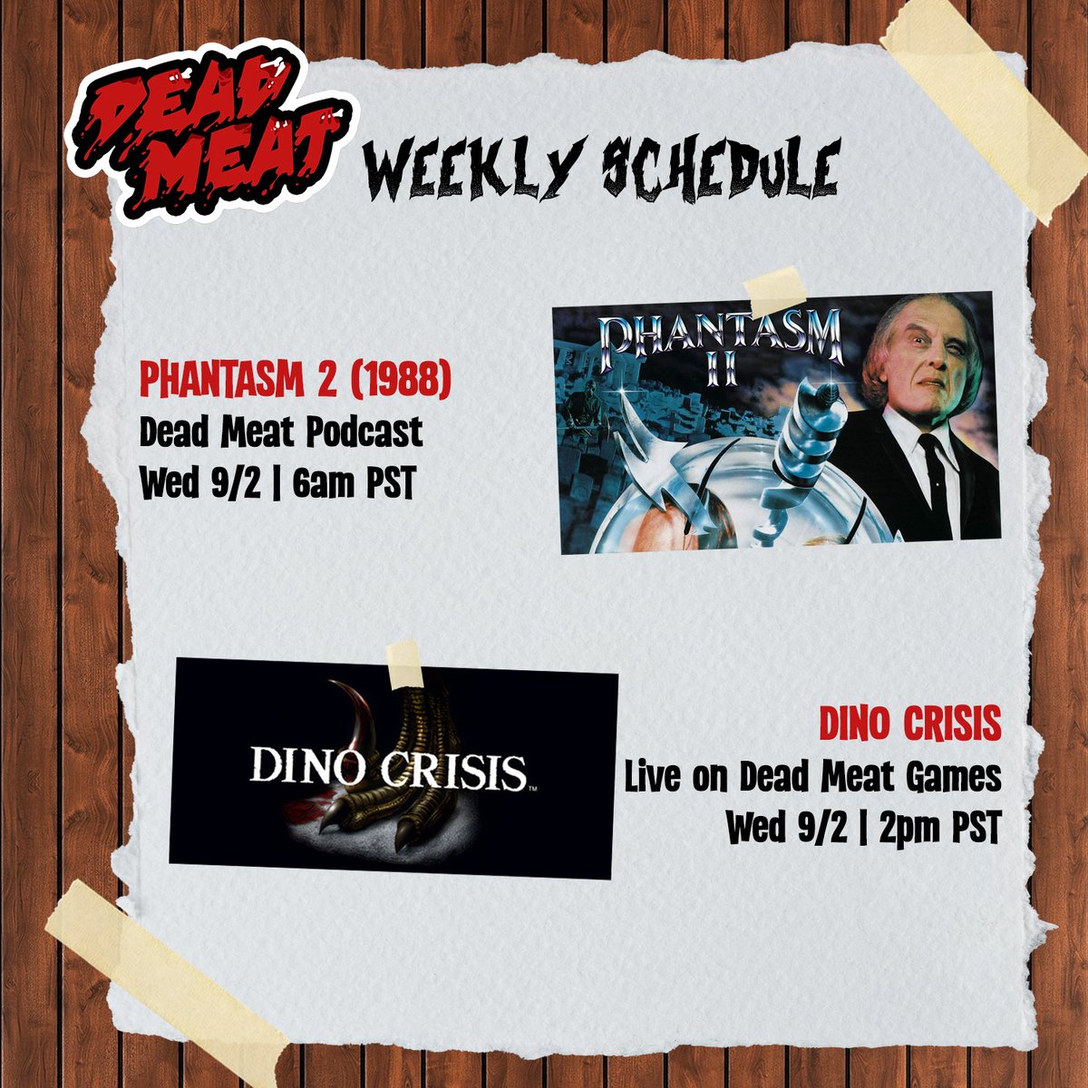 deadmeatjames's tweet photo. Phantasm Phall continues this week on the Dead Meat Podcast with Phantasm 2! Then on Dead meat Games, join Zoran on Wednesday at 2pm PST as he starts his month-long playthrough of Dino Crisis! https://t.co/qMsivzzOq6