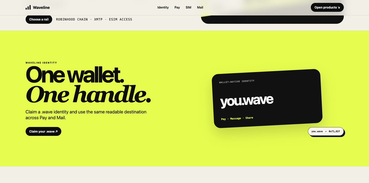 UseWaveLine's tweet photo. Big Waveline update is live.

Introducing Waveline Identity.

Claim your own .wave handle and use it across the ecosystem.

name.wave can now become your wallet-native identity for:

Pay — send USDG without copying a 0x address
Mail — message a .wave handle directly
Profile — share a public wallet-native page
QR — let anyone reach your profile instantly

One wallet.
One handle.
Every rail.

Pay. SIM. Mail. Identity.

https://t.co/T4bbi8uQSk

CA: 0x5896e1f9a93a6a2482a5c20463b73536687b9828