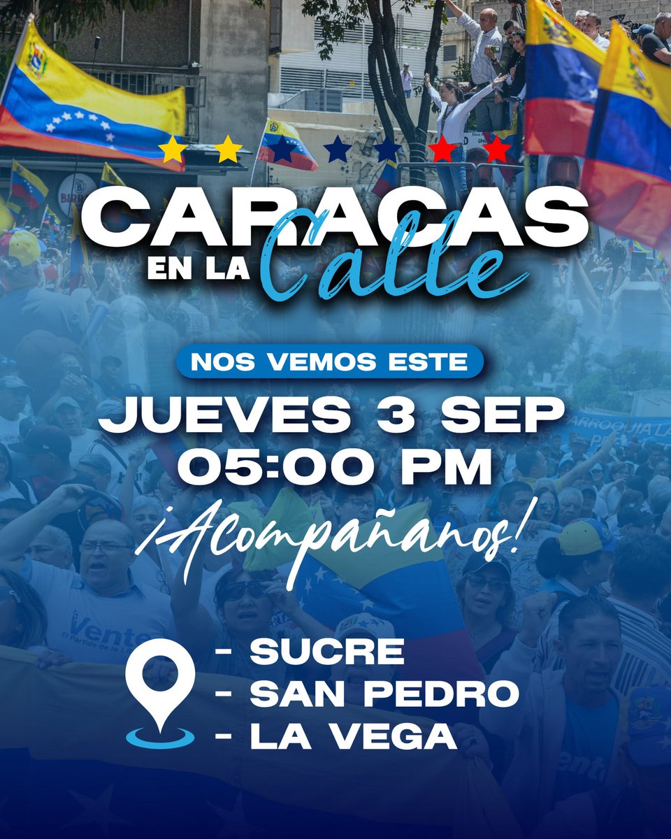 ConVzlaComando's tweet photo. ¡Caracas en la calle! 🇻🇪

Este, jueves 03 de septiembre, nos vemos en 📍San Pedro, Sucre y La Vega. A las 5:00 pm. 

¡Acompáñanos! Nos encontramos, organizamos y luchamos #HastaElFinal, 
@CaracasConVzla. https://t.co/IzfGpHVAkX