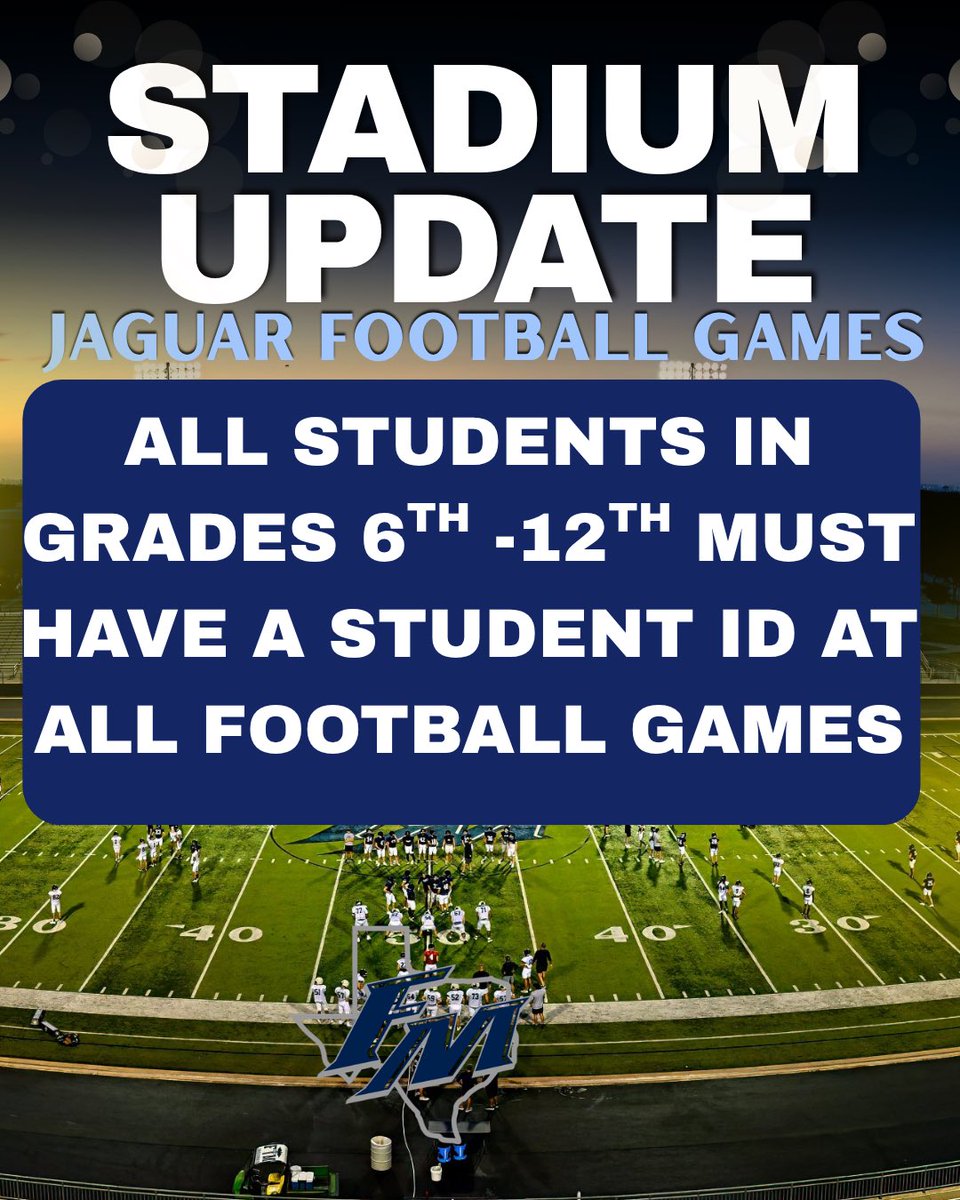 FlowerMoundHS's tweet photo. FMHS Stadium Policy

All students must have their student ID to attend football games at Neil E. Wilson Jaguar Stadium https://t.co/huxq60RRmd