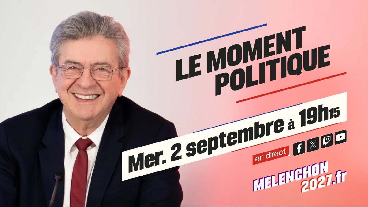 ACTU_elections's tweet photo. 🔴 Ce mercredi 2 septembre, retrouvez @JLMelenchon à 19h15 pour suivre en direct une conférence sur l’actualité politique !

👉 Le direct sur Youtube : https://t.co/G9VJCDaYbj…

#JeVoteMelenchon https://t.co/TPHMbK9Gb8