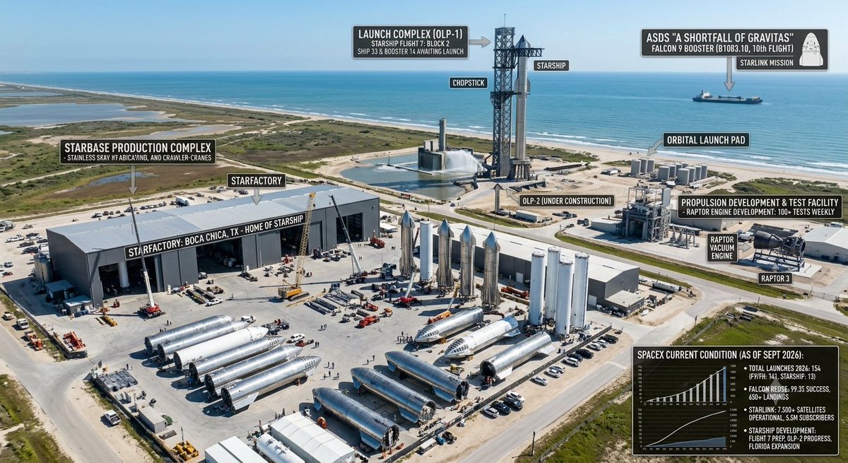 Sajida1334's tweet photo. 🚀 SpaceX Status Check: Starbase.
​Starfactory: Ramping up Starship vehicle assembly.
​Launch Site: Flight 7 preparing with OLP-2 construction nearby.
​Recovery: 650+ landings and counting.
​Onward. 🪐✨
#spacex #starship https://t.co/ytEufZwgxJ